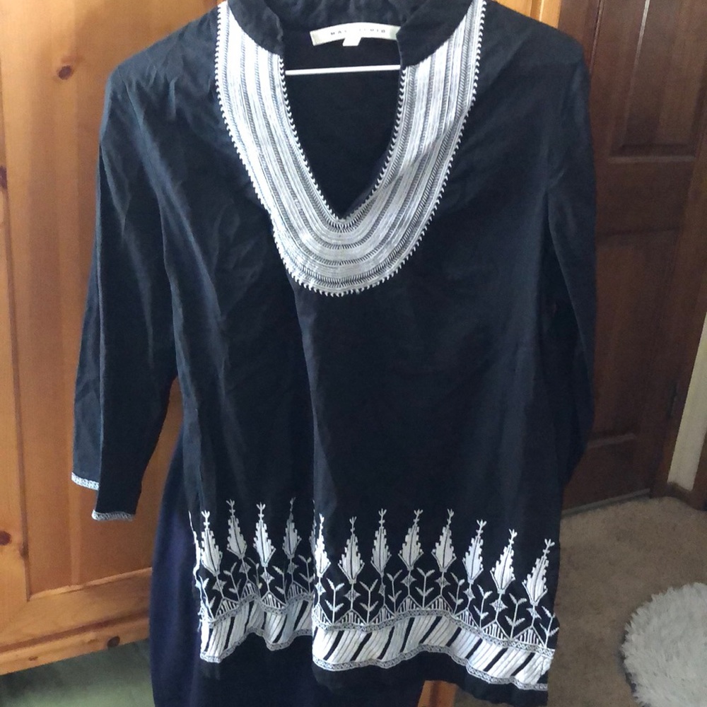 Max Studio Black with White Embroidered Tribal Top